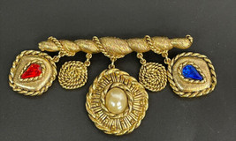 Vtg Etruscan 80s Brooch Gold Tone Bar Pin Dangling Medallions Red White ... - £10.21 GBP