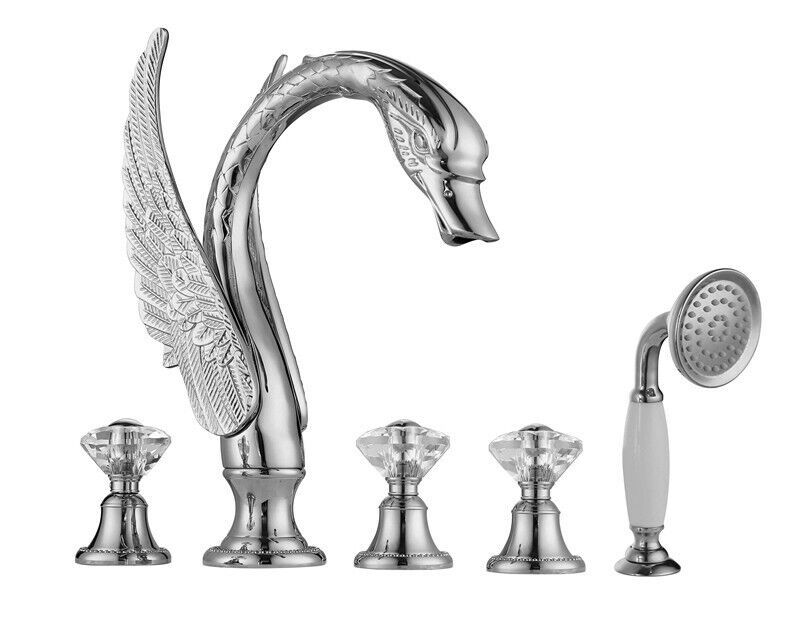 5 Holes widespread bathtub swan tub Shower Faucet hand shower crystal knobs - $890.01