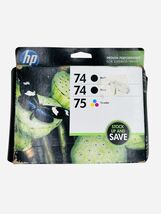 HP 74 Black + 74 Black + 75 Tri-Color Ink Photo Paper Pack Genuine EXP O... - $18.89