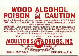 Vintage Pharmacy Label WOOD ALCOHOL Poison Skull Bones Moultons Drugs Pensacola - £22.24 GBP