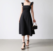 BLACK Sleeveless Square Neck Midi Dress Women Custom Plus Size Shift Dress