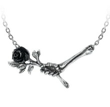 Alchemy Gothic Love Never Dies Pewter Necklace Skeleton Hand Black Rose ... - $23.95