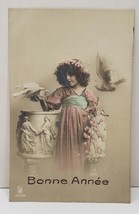 RPPC Tinted Beautiful Girl, Doves Flowers Good Year Postcard C4 - £10.00 GBP