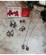 Lot of 6 Earrings and 1 Necklace Vintage Christmas Bows sparkly candy ca... - £7.11 GBP