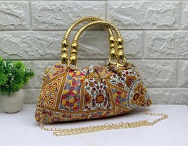 Handmade Ethnic Handbag with Embroidered Pattern, 13x6 Inch, Gold Chain ... - $67.38