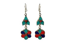 Tibetan Flower Earrings, Colorful Tribal Earrings, Ethnic Pendant Earrings - £17.64 GBP