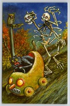 Matthew Kirscht Halloween Old Jumblebones Skeleton Owl Cat Driving Postcard Mk - £39.58 GBP