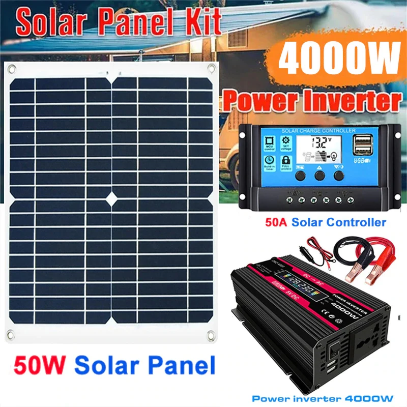 4000W Peak Power Car Inverter Solar Power System Inverter Kit with 50W Solar - £106.27 GBP+