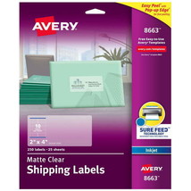 Avery Matte Clear Shipping Labels, Sure Feed Technology, Inkjet, 2&quot; x 4&quot;, 250 - £22.61 GBP