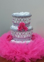 Fuchsia and Silver Princess Themed Baby Girl Shower 3 Tier Tutu Diaper Cake - £58.83 GBP