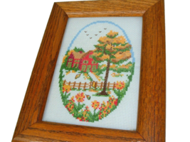 Vintage Needlepoint House Tree Flower Garden Oak Frame Handmade - $29.65