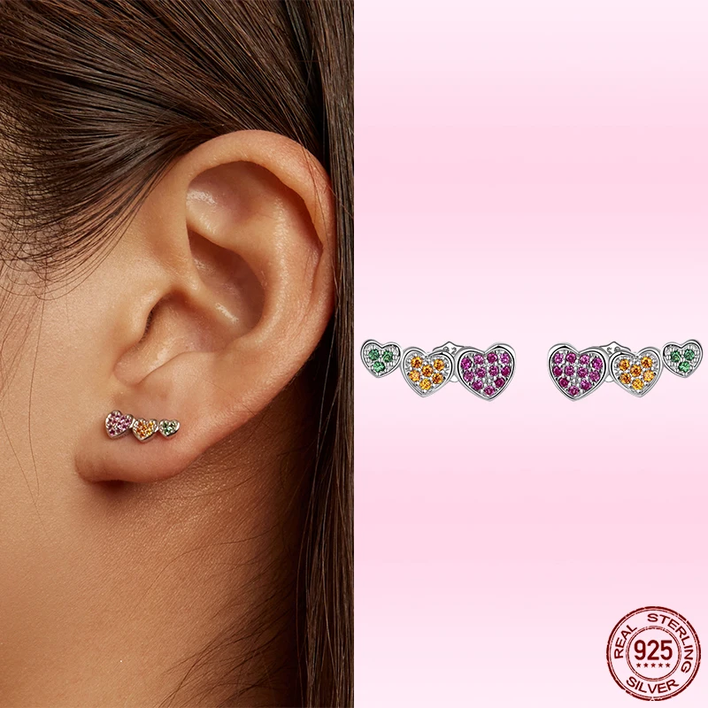 925 Sterling Silver Colorful Star Heart Ear Studs Earrings for Women Compact Cut - £18.53 GBP