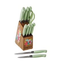 Pioneer Woman ~ 11-Pc. Set ~ Stainless Steel Knives ~ Wooden Block ~ SAGE GREEN - £42.11 GBP