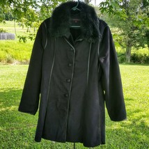 Anne Klein Winter Coat size L Black Microsuede Faux Fur Button Front Jacket - $29.69