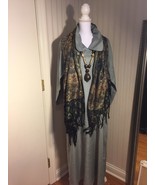 Maxi Dress M Linen NEW Gene Kelly Gray Long Sleeve Shawl Collar V-Neckline - £52.19 GBP