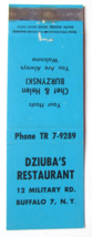 Dziuba&#39;s Restaurant - Buffalo, New York 20 Strike Matchbook Cover Chet Burzynski - £1.33 GBP