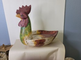 Rooster / Chicken Bowl 12 x 14 Farm Style Hand Carved Hand Painted Wooden - £15.64 GBP