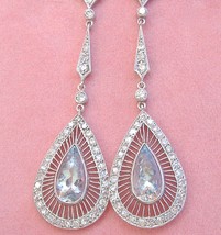 Art Deco 3.1ctw Aquamarine Pear Drops 1.35ctw Diamond Platinum Cocktail Earrings - £3,559.67 GBP