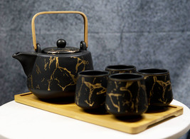 Black Faux Marble With Gold Veins Ceramic Tea Pot And Cups With Tray Set For 4 - £38.32 GBP