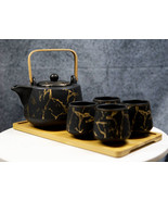 Black Faux Marble With Gold Veins Ceramic Tea Pot And Cups With Tray Set... - £37.73 GBP