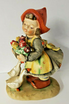 Vintage 1950&#39;s Alpine Children Girl with basket tulips and geese figurine 8&quot;x6&quot; - £19.58 GBP