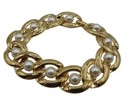 Napier Faux Pearl Chunky Gold Tone Oval Chain Link Fashion Bracelet 7&quot; Vintage - £19.10 GBP