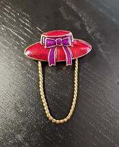 Red Hat Eyeglass Holder Pin Brooch Enameled Gold Tone Red Bow  - $16.28