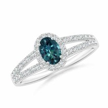 ANGARA Oval Teal Montana Sapphire Split Shank Halo Ring for Women in 14K Gold - £1,068.51 GBP