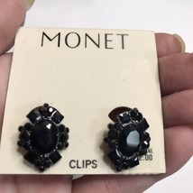 Vintage Monet Black Faceted Rhinestone Clip Earrings New On Card - $21.49