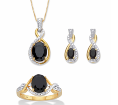 Oval Black Onyx Necklace Earring Gp Ring Set 18K Gold Sterling Silver - £241.10 GBP