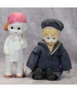 Bisque Porcelain Doll Boy Sailor 5&quot; Tall + Boy w/Stick 4&quot; Tall - $13.71