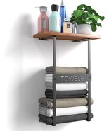 Bathroom Wall Mounted Towel Racks, Metal Towel Holder With Wooden Shelf,... - £35.90 GBP