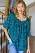 Perfectly You Teal Floral Three Quarter Sleeve Square Neck Top - £17.97 GBP