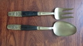 Large Vintage Set SIAM Serving Fork Spoon Wood Bronze Thailand Siam Lot - £14.95 GBP