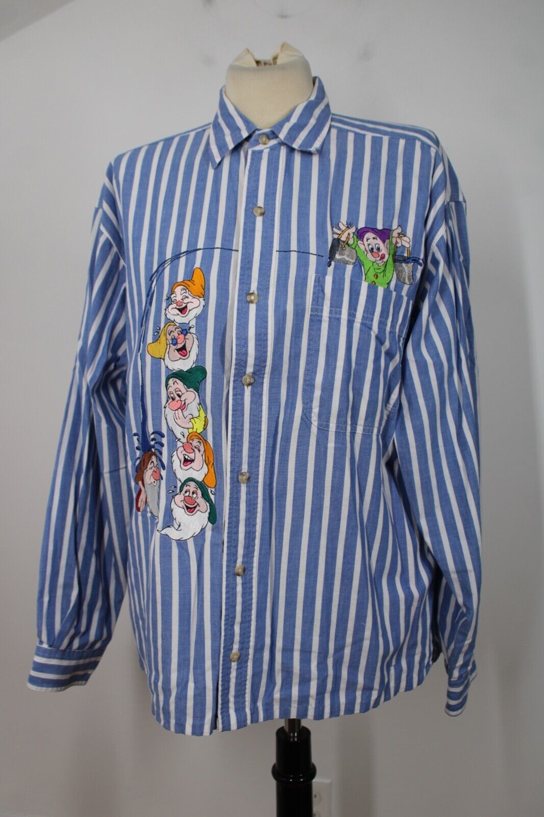 Primary image for Vtg 90s Disney L? Blue Striped Snow White 7 Dwarfs Button-Front Shirt