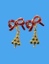 Christmas Tree Bow Vintage Enamel Pierced Earrings - £4.63 GBP