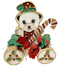 Vintage Handmade Paper Mache Christmas Bear in Wagon Decoration 7x6&quot; - $13.25
