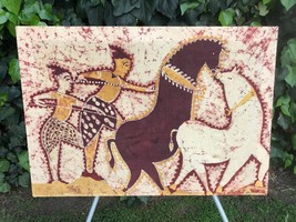 Vintage Bali Batik Original Modern Primitive Men Horse Cave Art Fabric Painting - £643.42 GBP