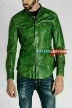 Men&#39;s Real Green Leather Military Style Shirt Full Sleeves Schrawz Jacke... - £89.19 GBP