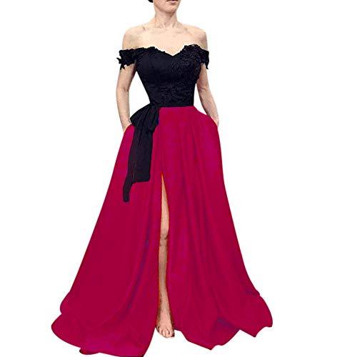 Beaded Off Shoulder Black Top Long Front Slit Evening Prom Dresses Fuchsia US 8
