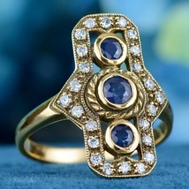 Natural Sapphire Diamond Vintage Style Vertical Trinity Ring in Solid 9K Gold - £702.13 GBP
