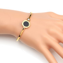 Gold Tone Bangle Bracelet With Faux Onyx &amp; Swarovski Style Crystal - £21.67 GBP