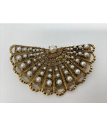 Vintage Signed Jeanne Peacock Feather Shape FAUX PEARL Brooch Gold-Tone - £37.22 GBP