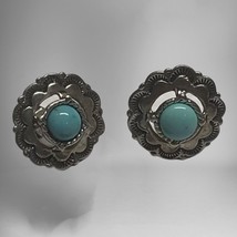 Sterling Silver Southwest Domed Turquoise Design Pierced Earrings Signed &quot;QT&quot; - £39.88 GBP
