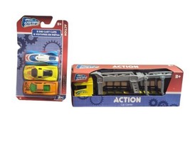 Yellow Turbo Wheels Action Car Carrier 8&quot; and 3 Pack 1:64 Diecast Cars - £11.45 GBP