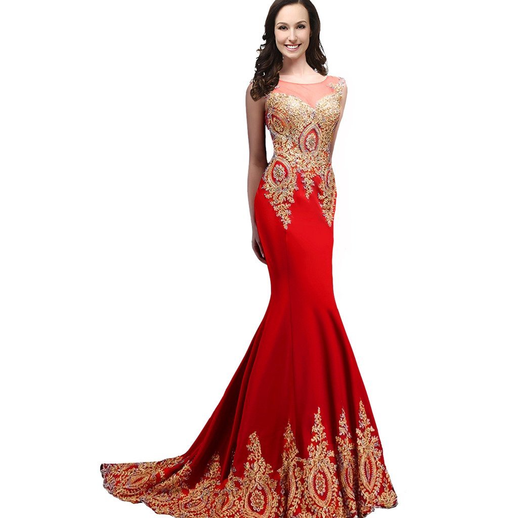 Kivary Sheer Top Mermaid Gold Lace Long Crystals Formal Evening Prom Dresses Red