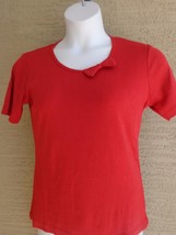  Being Casual Ribbed Cotton Blend Knit Scoop Neck with Bow Tee Top L Red - £9.02 GBP