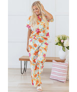 Orange Vibrant Floral Printed Short Sleeve Top 2 Piece Pants Set - $420.57 MXN