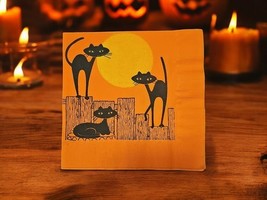 Vintage HALLOWEEN Crepe PAPER NAPKIN Atomic MCM Green Eyed Black Cats Fu... - $14.54