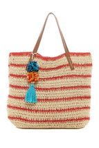 $98 Straw Studios Beach Tote Pool Bag Colorful Stripe Large Pompoms Gr8 GIFT NWT - £46.79 GBP